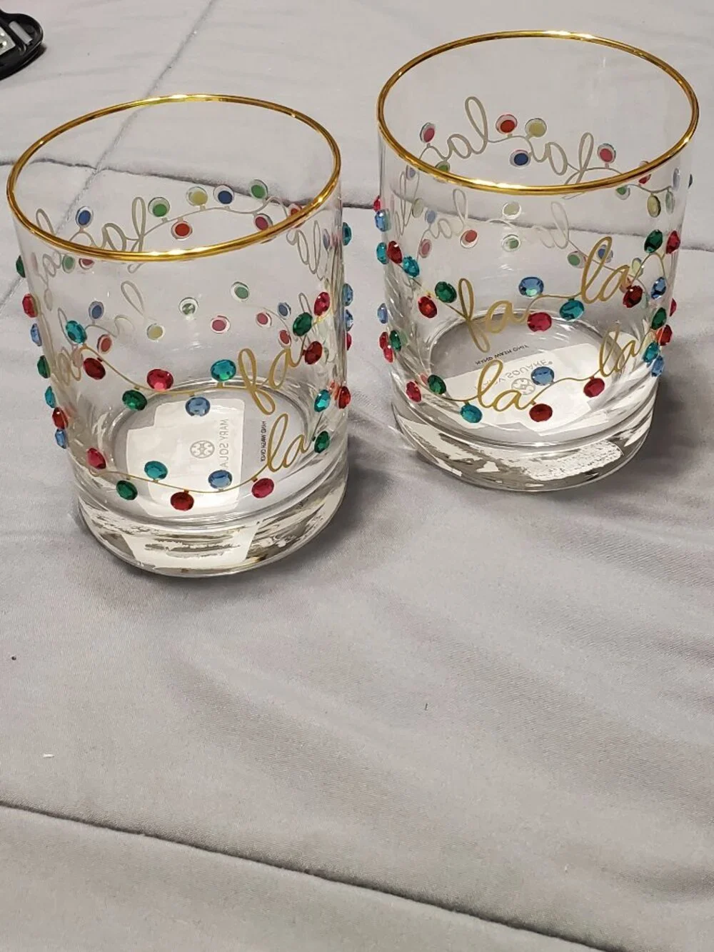 Mary Square Rhinestone Lights Rocks Glass Set -Gold Rim Brand New! Great Gift!